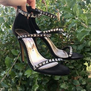 Black Faux Suede with Rhinestone Heels